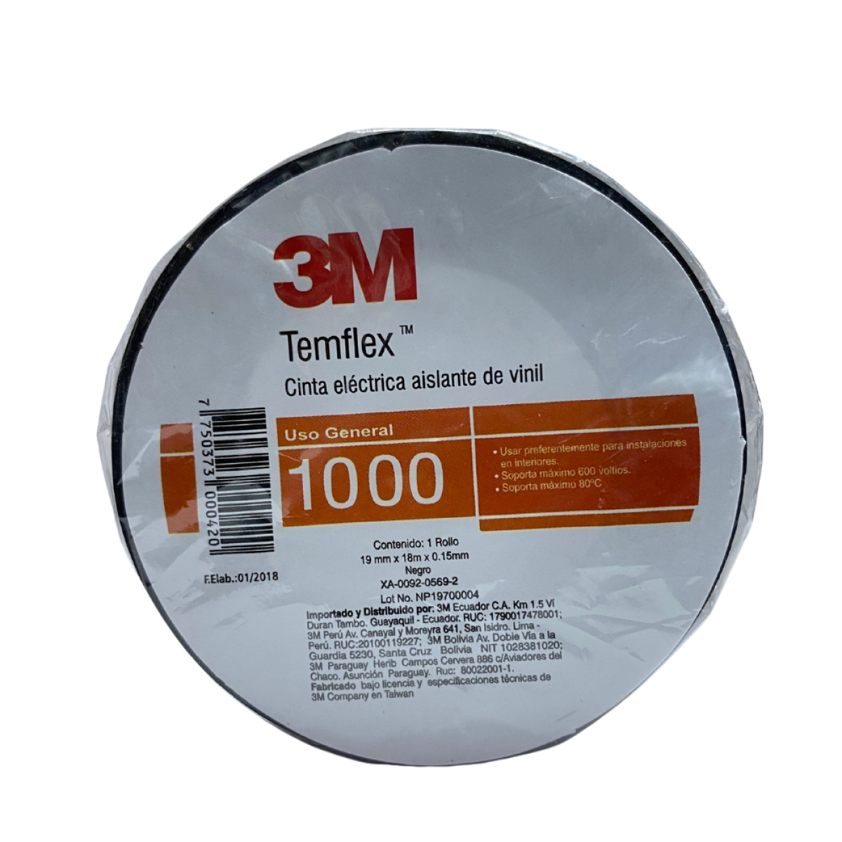 CINTA ELECTRICA AISLANTE DE VINIL NEGRO- USO GENERAL 1000-19mmx18mx0.15mm (3M)