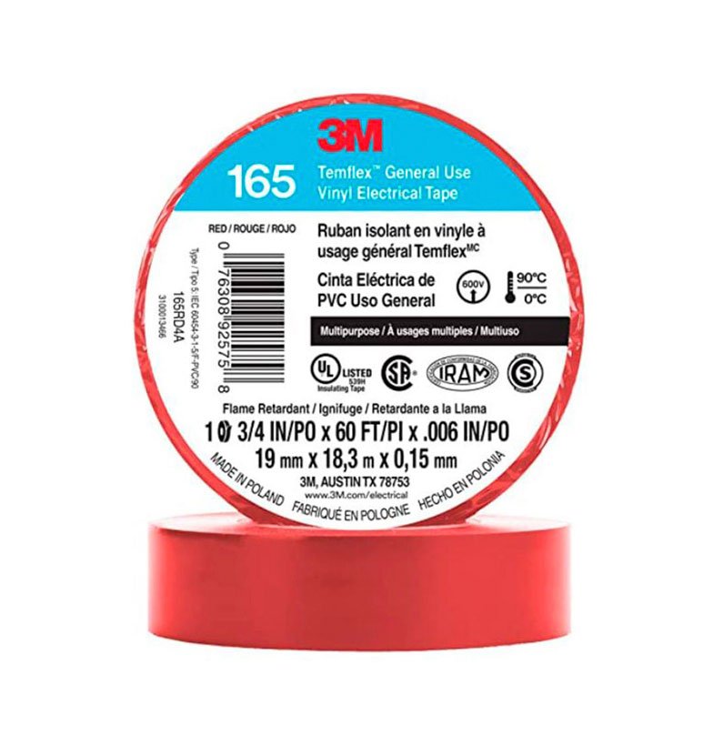 CINTA ELECTRICA AISLANTE DE VINIL ROJO 165 - USO GENERAL-19mmx18,3mx0.15mm (3M)
